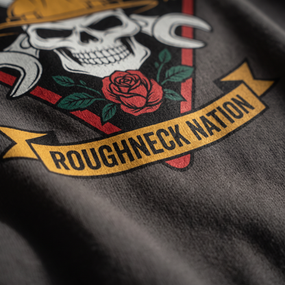 Roughneck Nation hoodie DTG print detail rose banner
