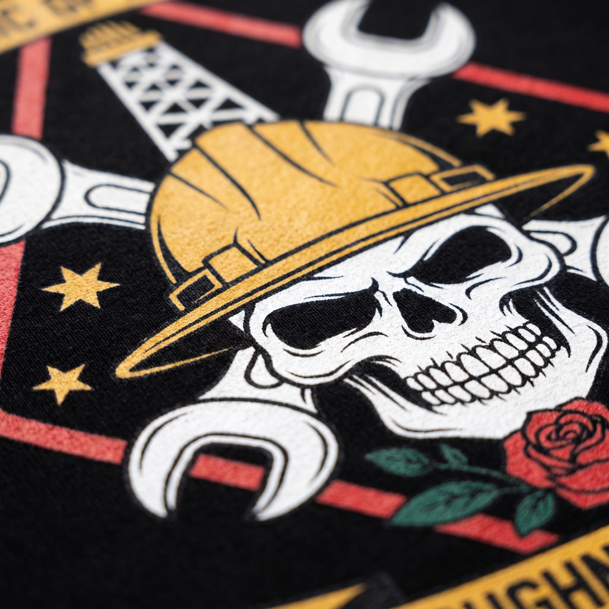Roughneck Nation hoodie DTG back print detail skull