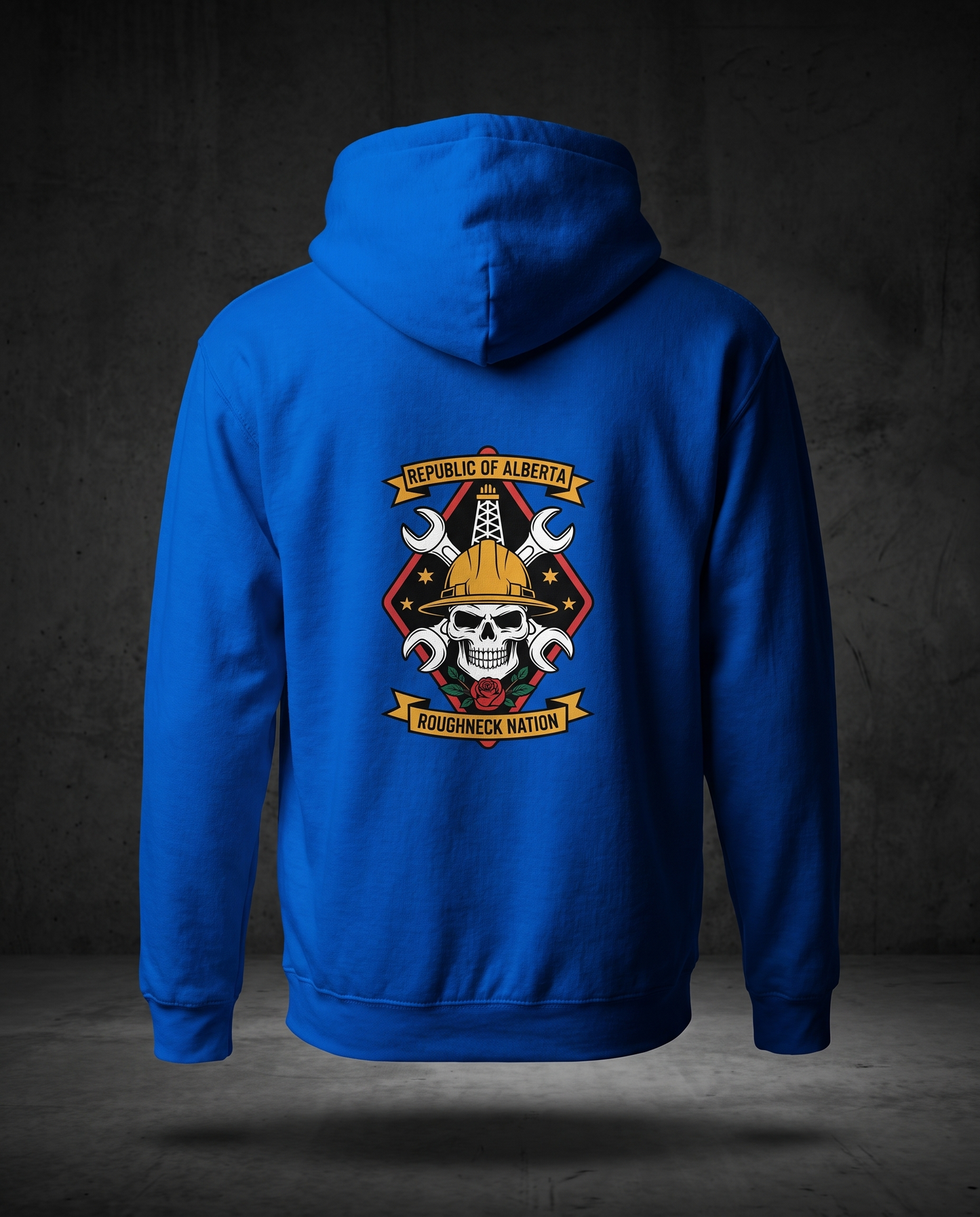 Roughneck Nation hoodie royal blue back studio