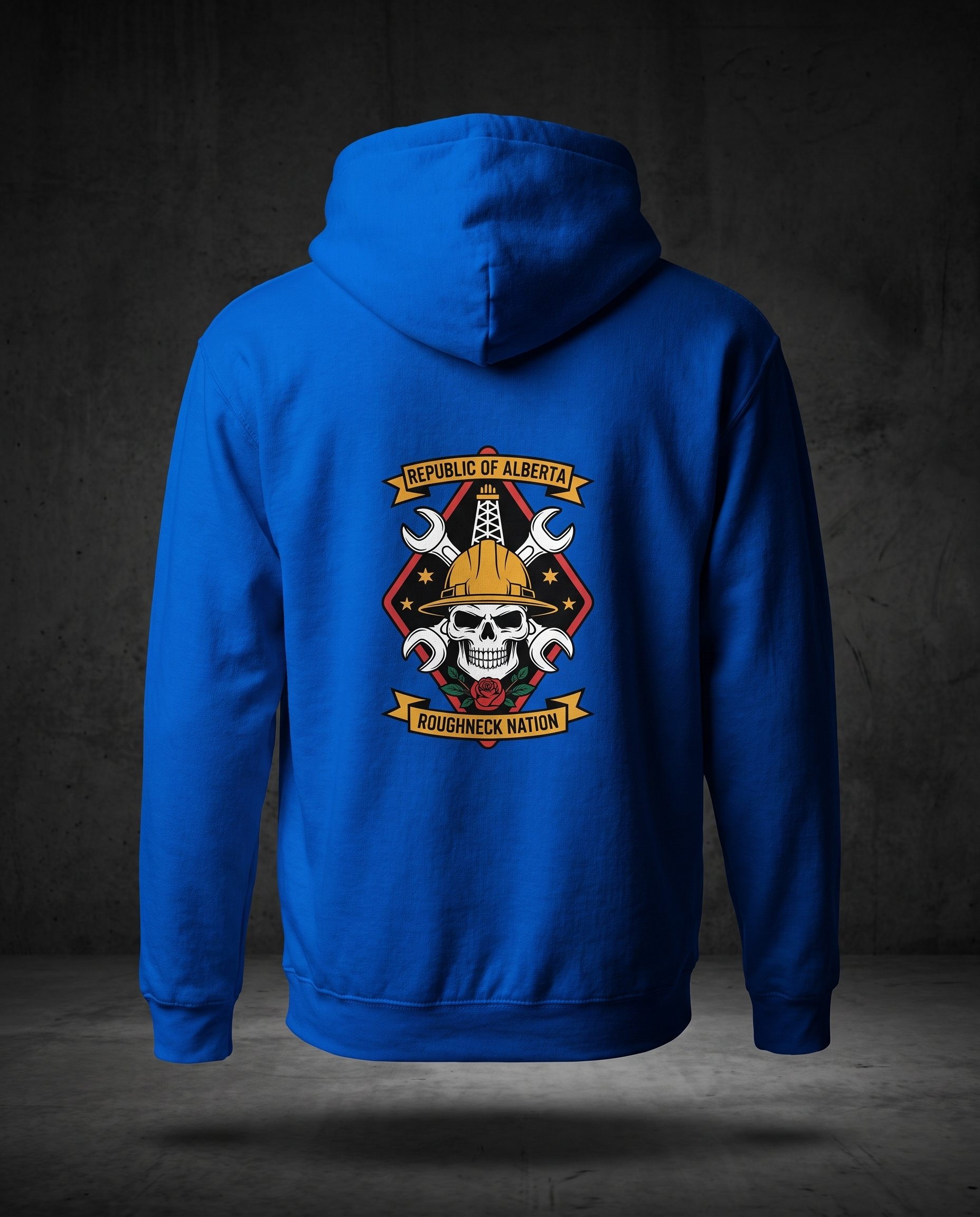 Roughneck Nation hoodie royal blue back studio