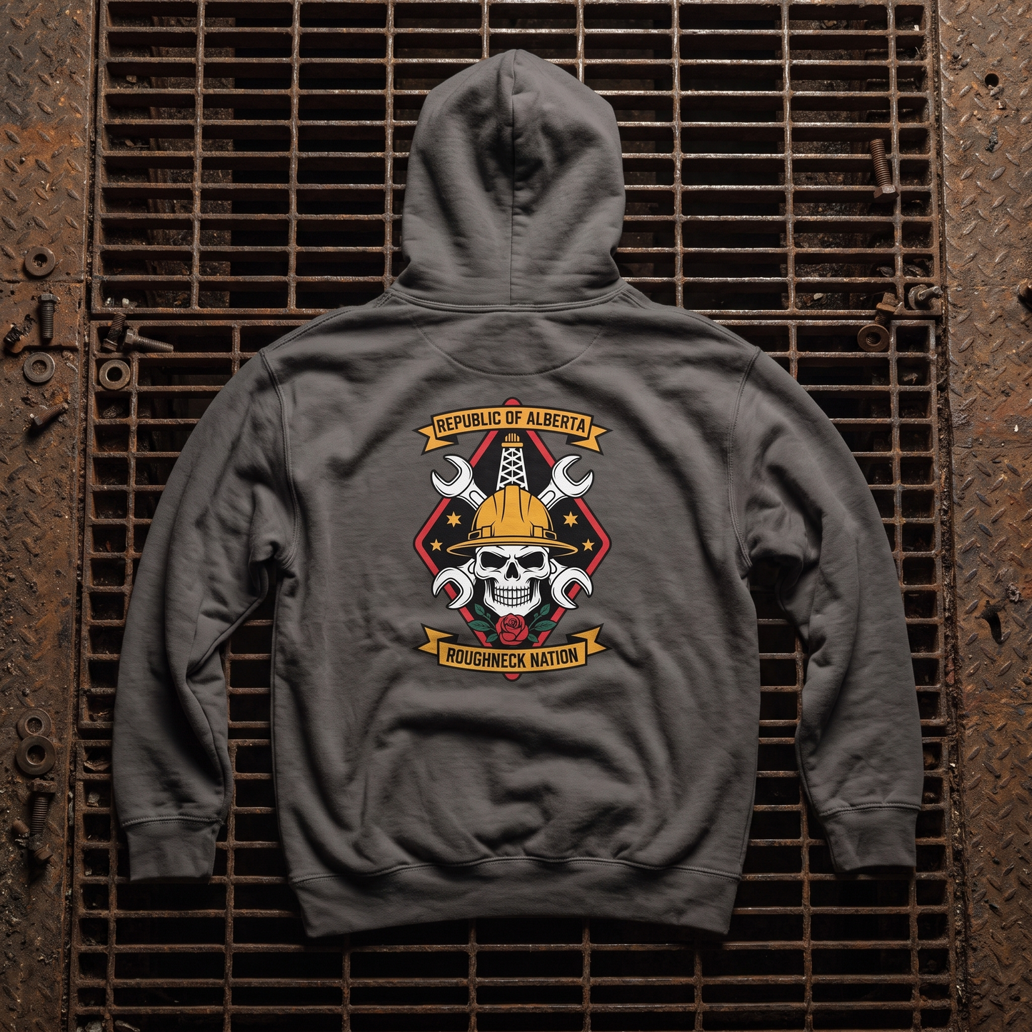 Roughneck Nation hoodie charcoal back print steel grate flat lay