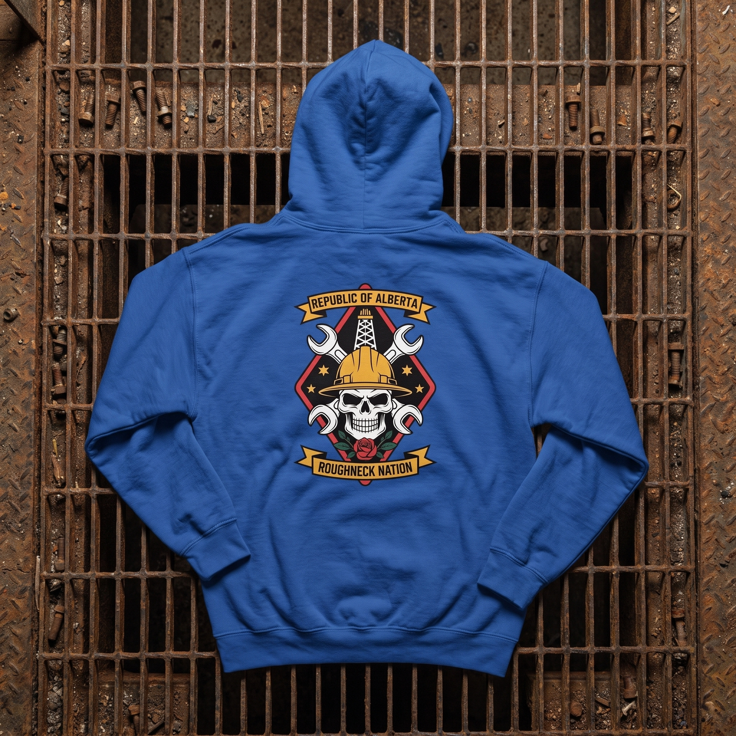Roughneck Nation hoodie royal blue back print steel grate flat lay
