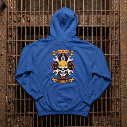 Roughneck Nation hoodie royal blue back print steel grate flat lay