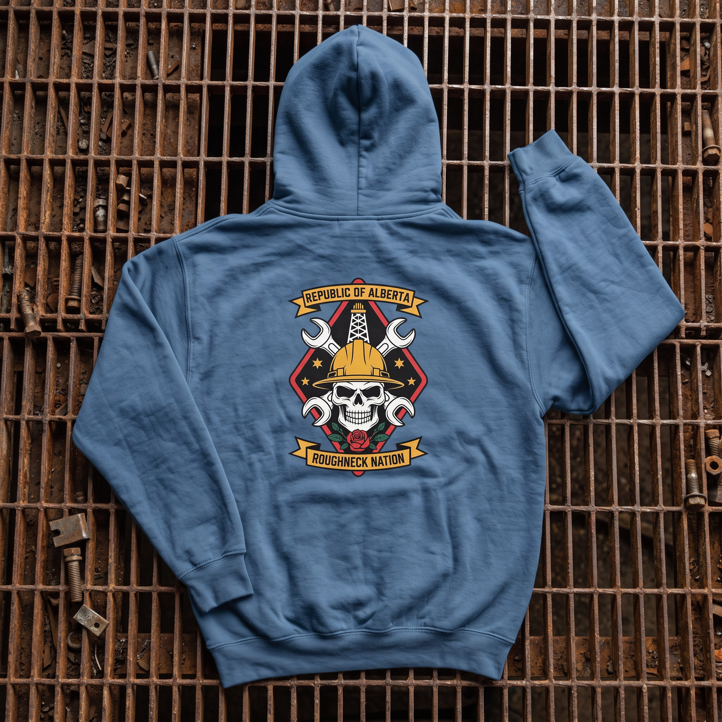 Roughneck Nation hoodie indigo blue back print steel grate flat lay