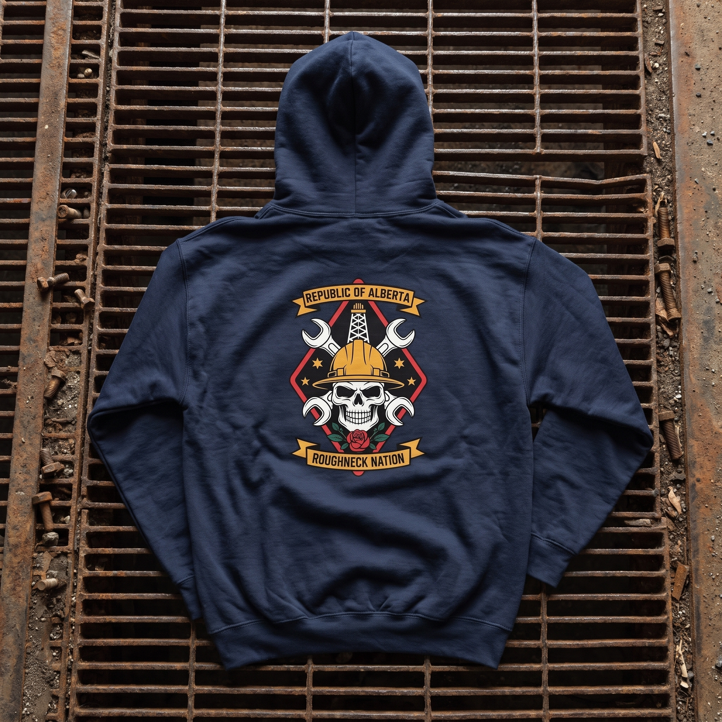 Roughneck Nation hoodie navy back print steel grate flat lay