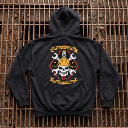 Roughneck Nation hoodie black back print steel grate flat lay