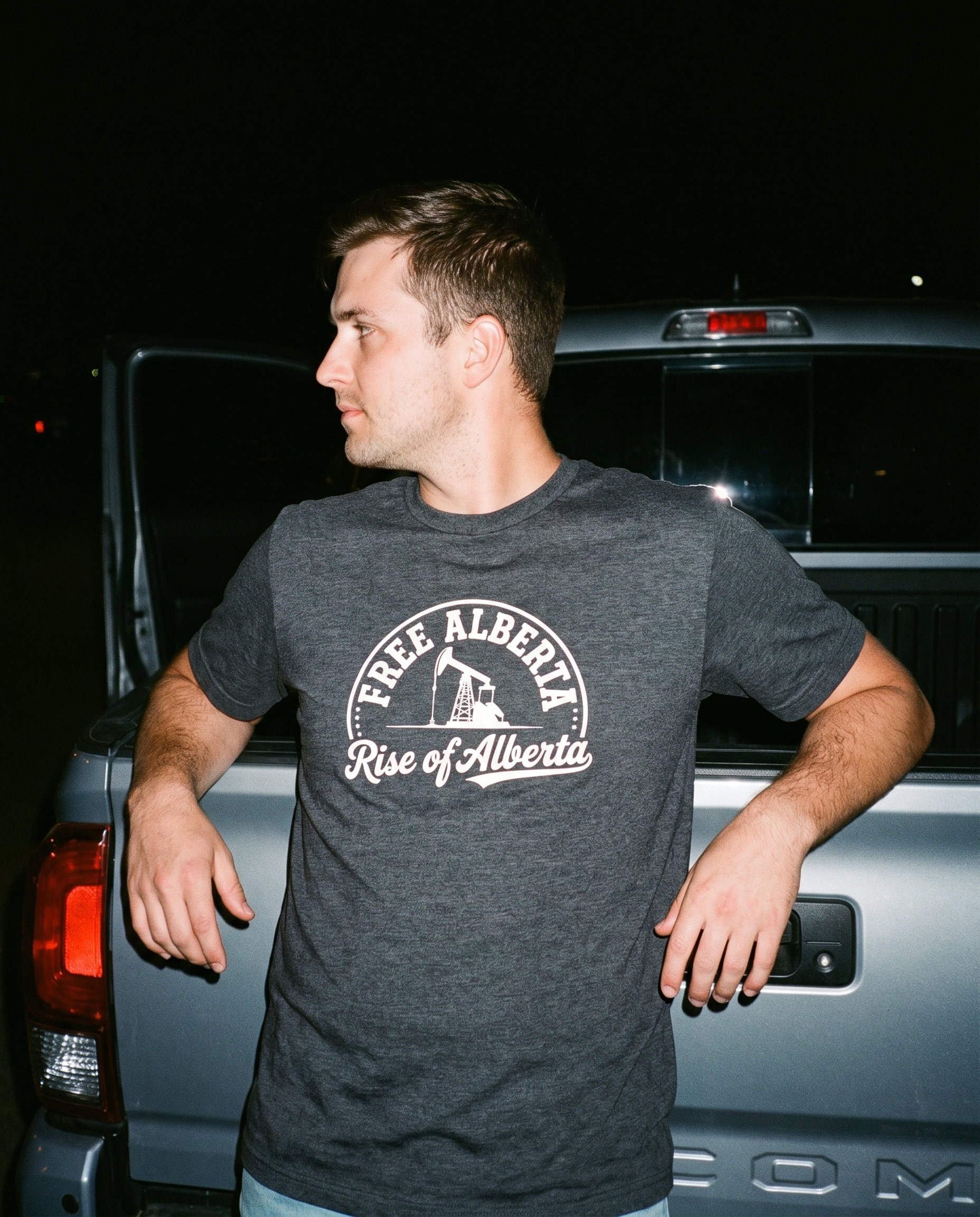 Free Alberta pumpjack tee dark grey heather night lifestyle