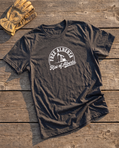 Free Alberta pumpjack tee dark grey heather flat lay barn wood