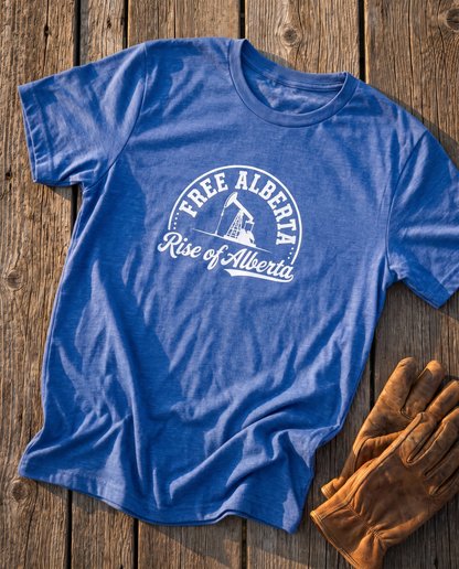 Free Alberta pumpjack tee heather true royal flat lay barn wood
