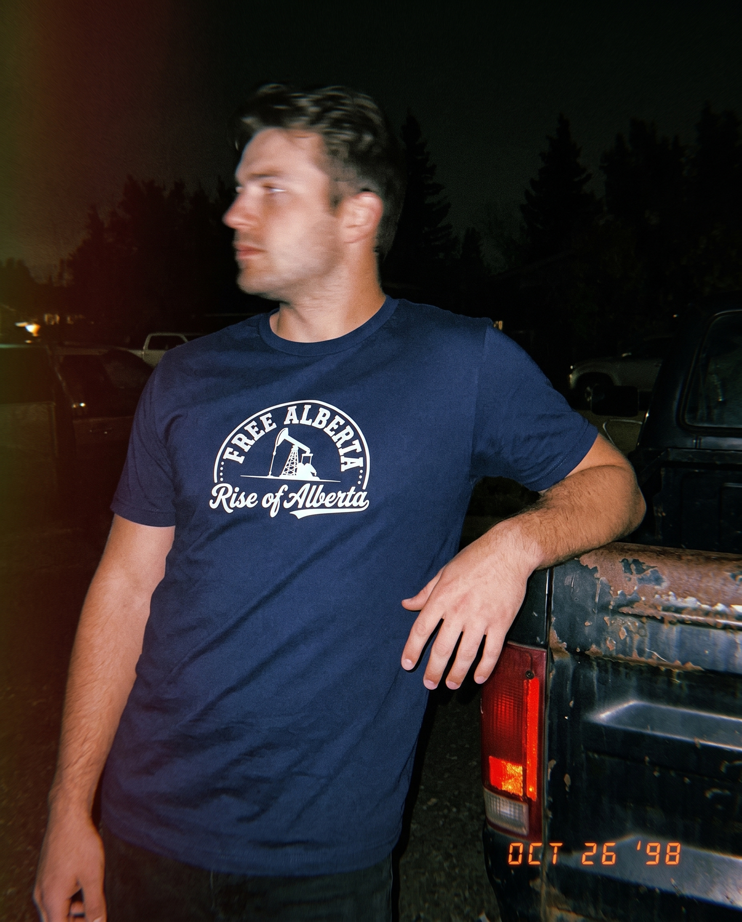 Free Alberta pumpjack tee navy night lifestyle