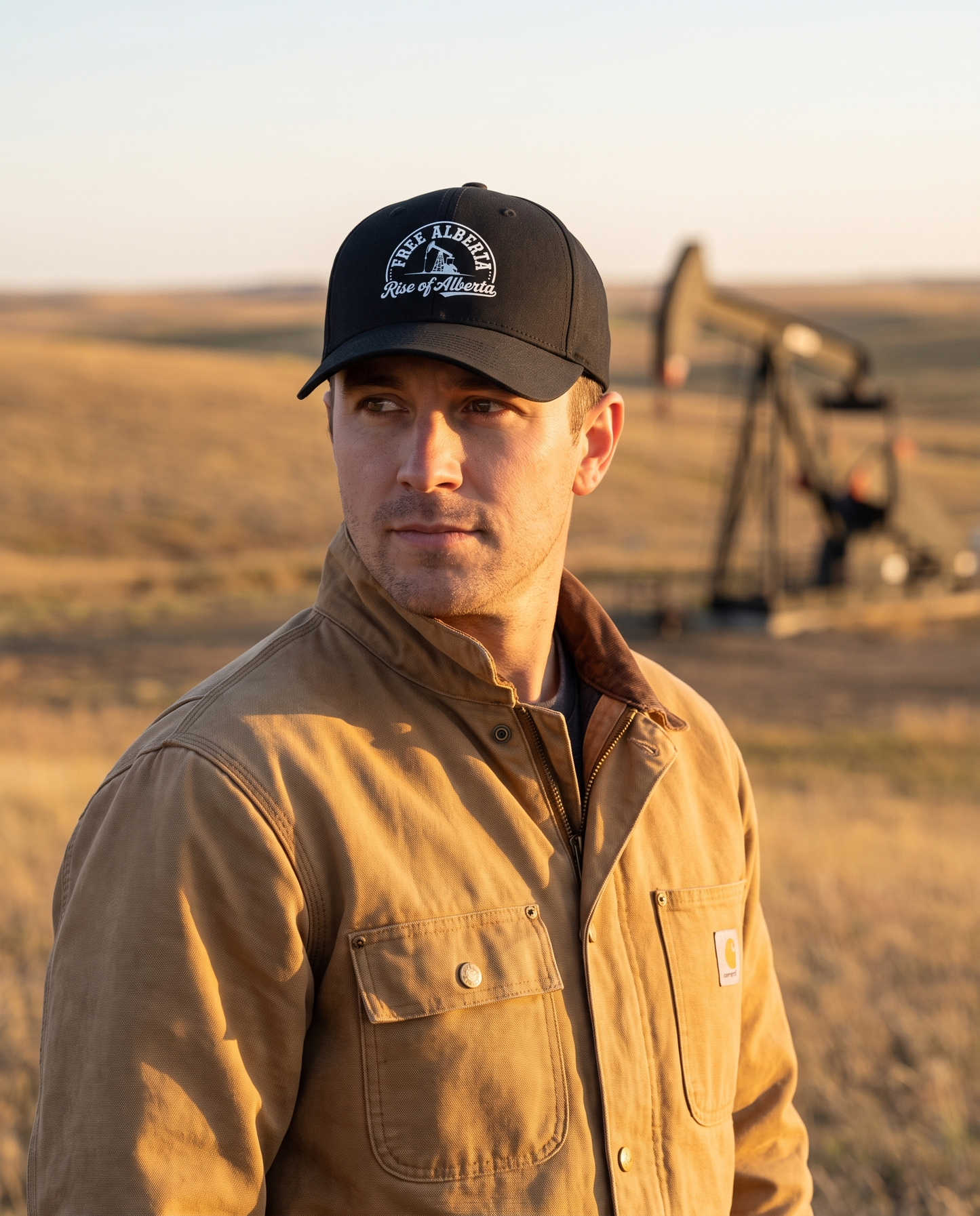 Man wearing black Free Alberta baseball cap at golden hour with prairie pumpjack behind