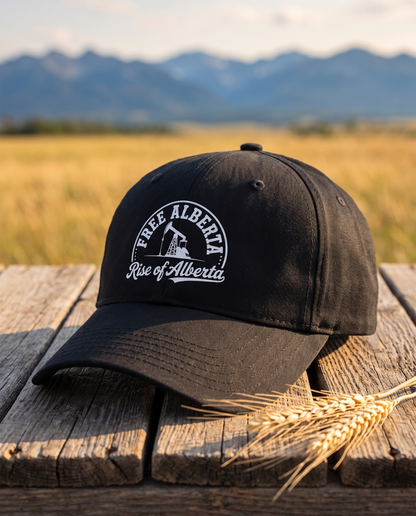 Black Free Alberta baseball cap printed pumpjack badge on barn wood prairie background