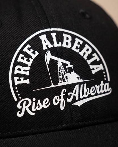 Free Alberta cap printed badge close-up showing flat DTG pumpjack detail