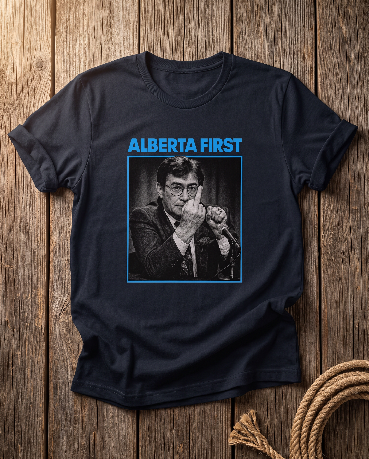 Alberta First The Gesture navy t-shirt flat lay on barn wood