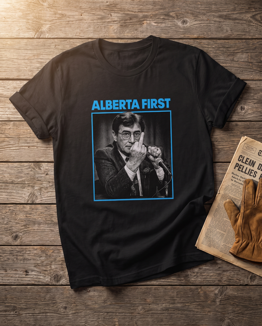 Alberta First The Gesture black t-shirt flat lay on barn wood