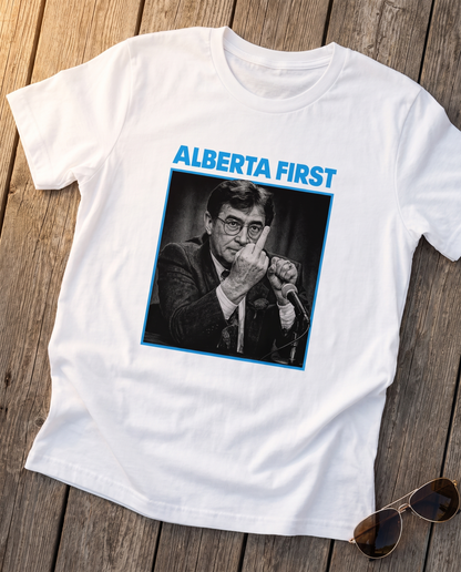 Alberta First The Gesture white t-shirt flat lay on barn wood