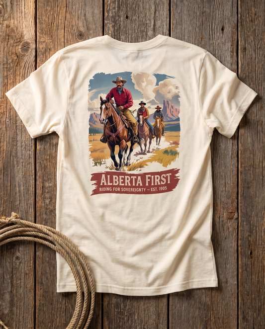 Sovereign Rider tee back print western riders flat lay on barn wood