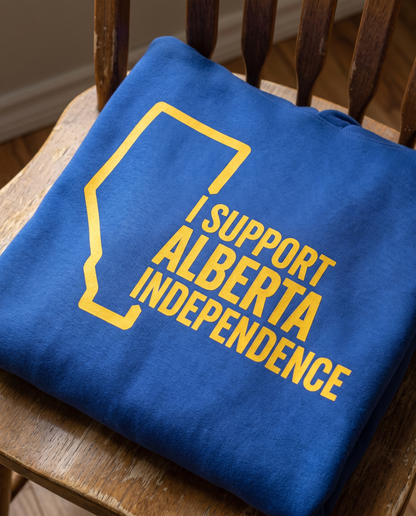 Support Alberta Independence hoodie gold DTG print detail close-up