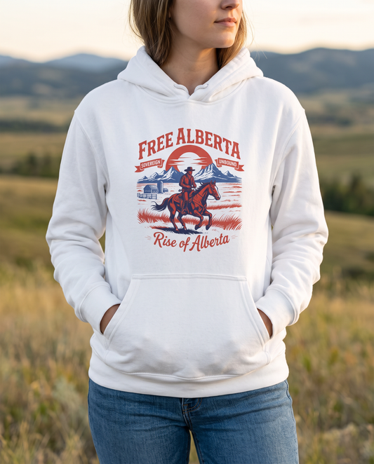 Woman wearing Free Alberta retro western fleece hoodie at golden hour