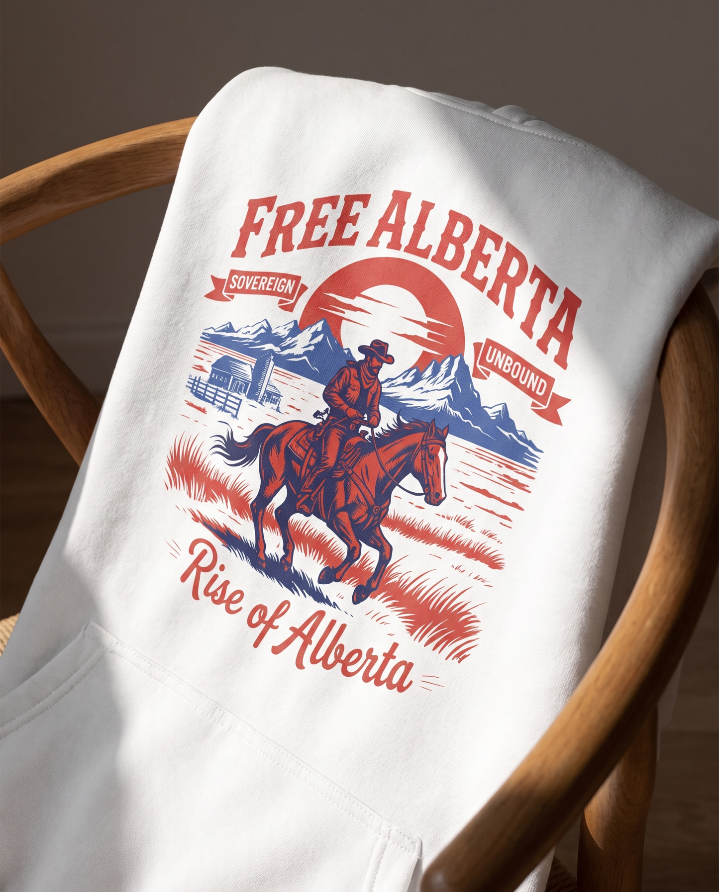 Free Alberta retro western fleece hoodie DTG print detail close-up