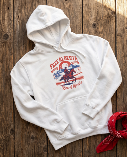 Free Alberta retro western white fleece hoodie flat lay on barn wood