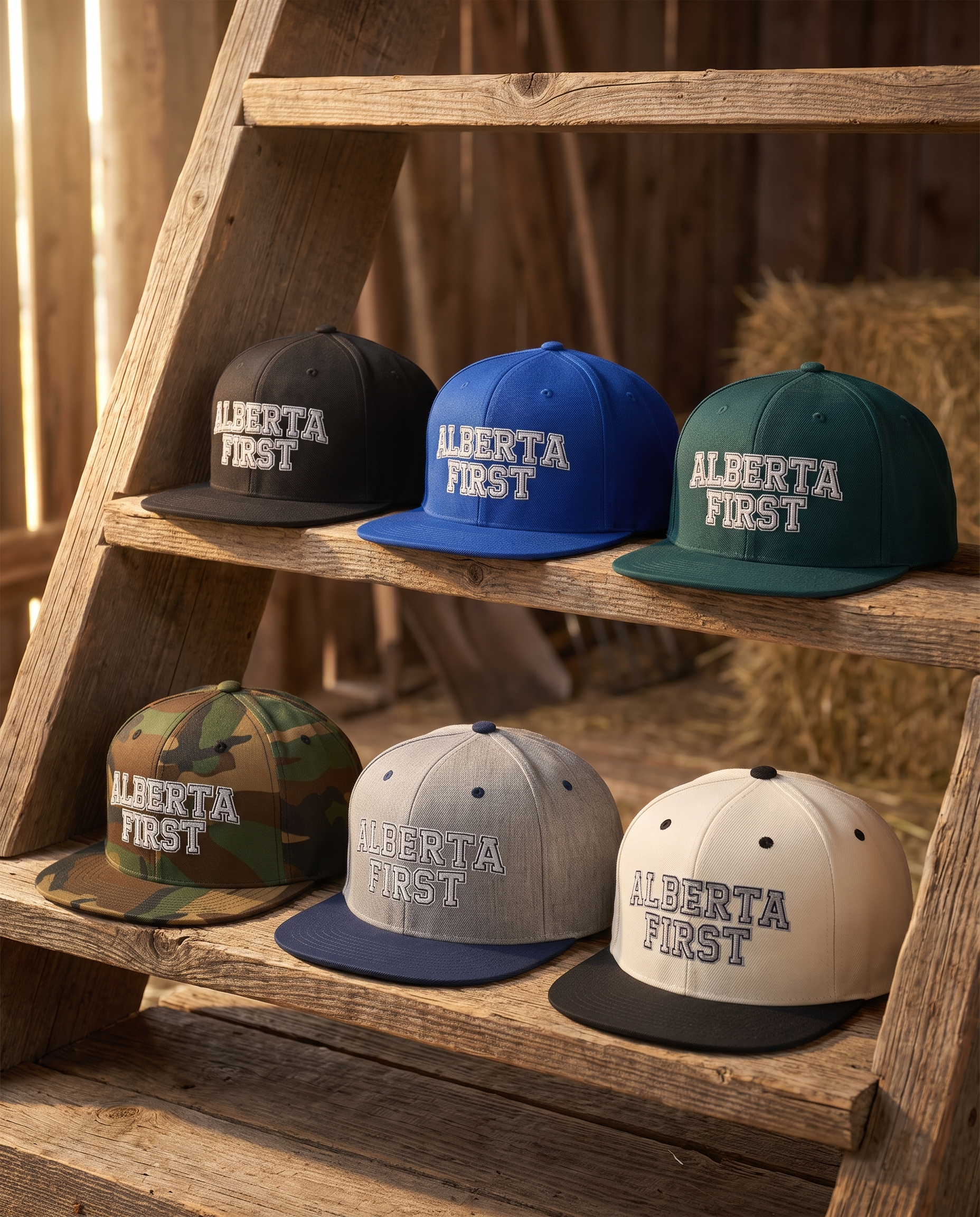 Alberta First embroidered snapback all six colorways on barn ladder shelves