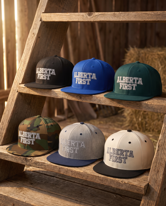 Alberta First embroidered snapback all six colorways on barn ladder shelves