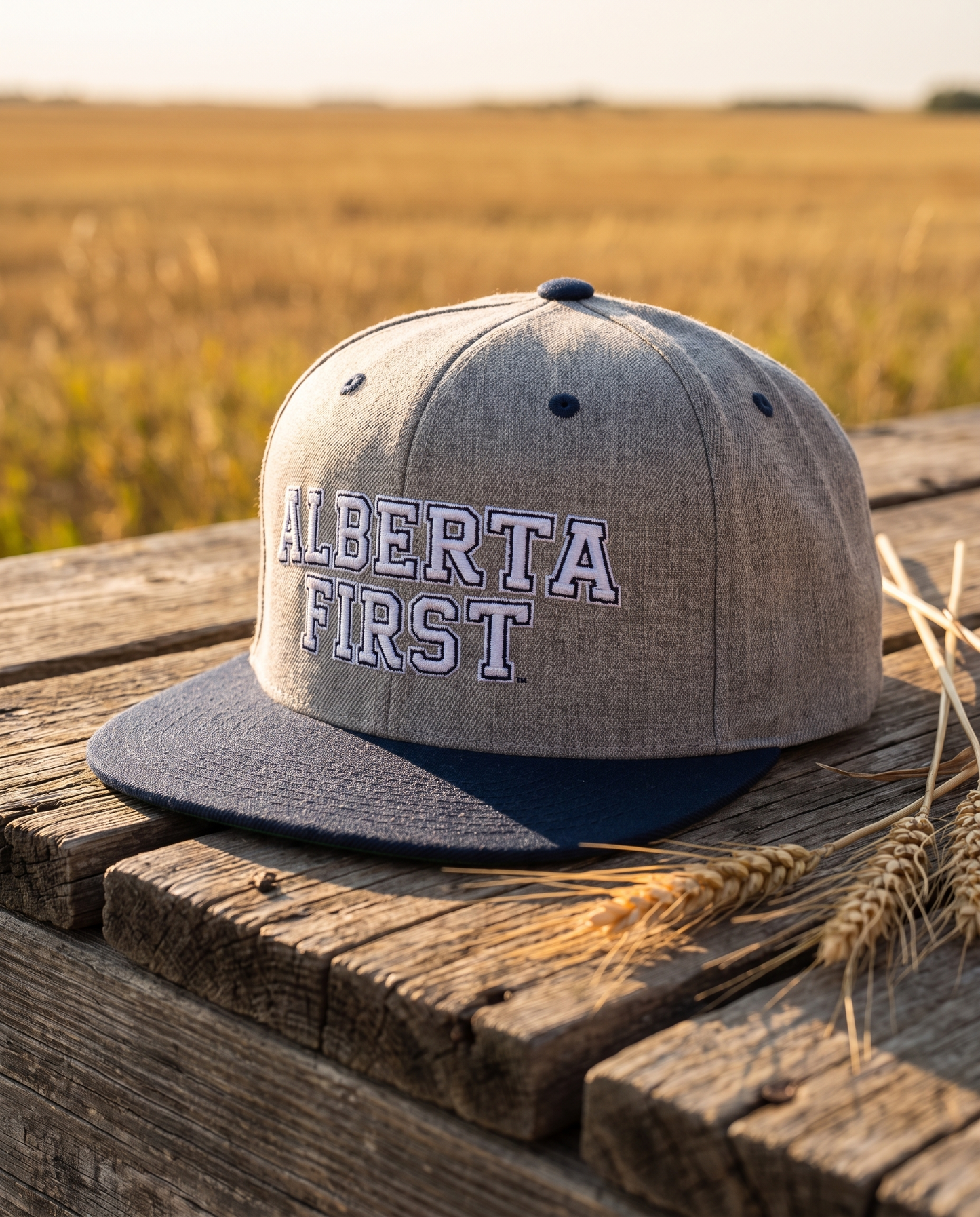 Alberta First embroidered snapback heather grey and navy colorway on barn wood