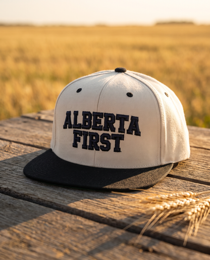 Alberta First embroidered snapback natural cream and black colorway on barn wood