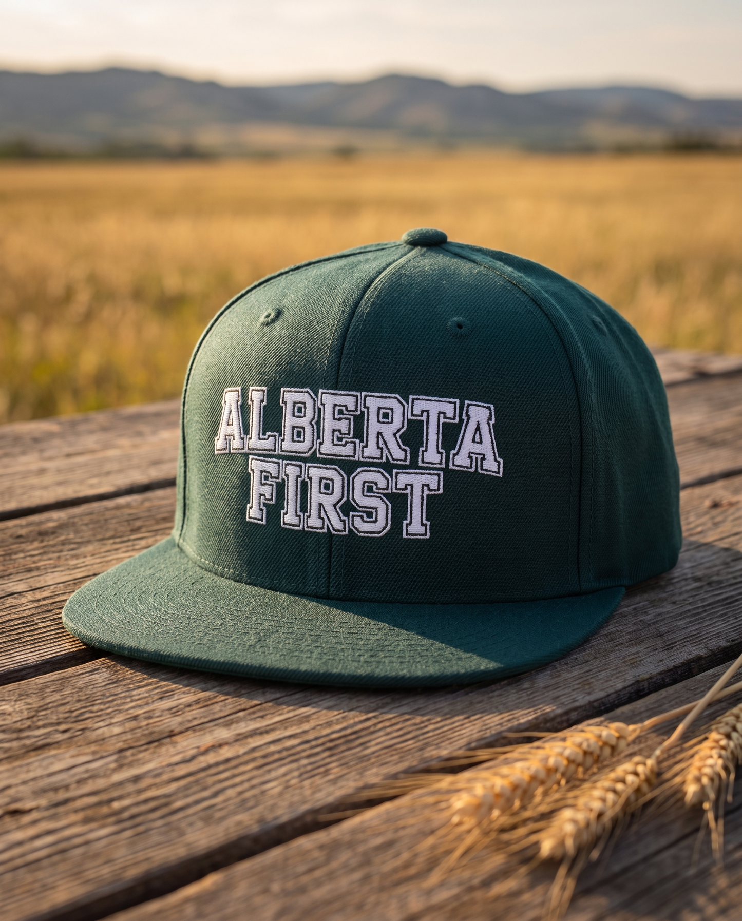 Alberta First embroidered snapback spruce green colorway on barn wood