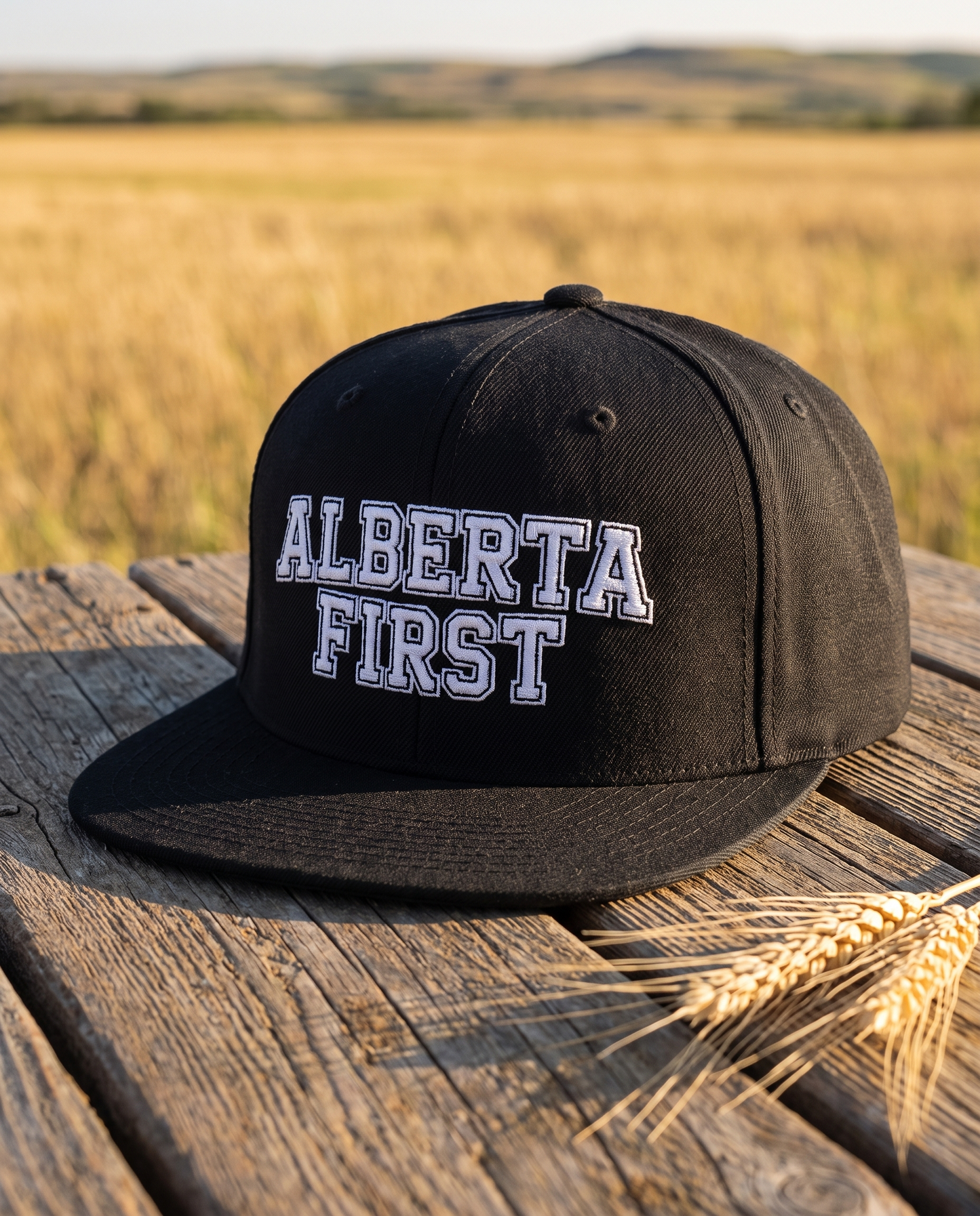 Alberta First embroidered snapback black colorway on barn wood