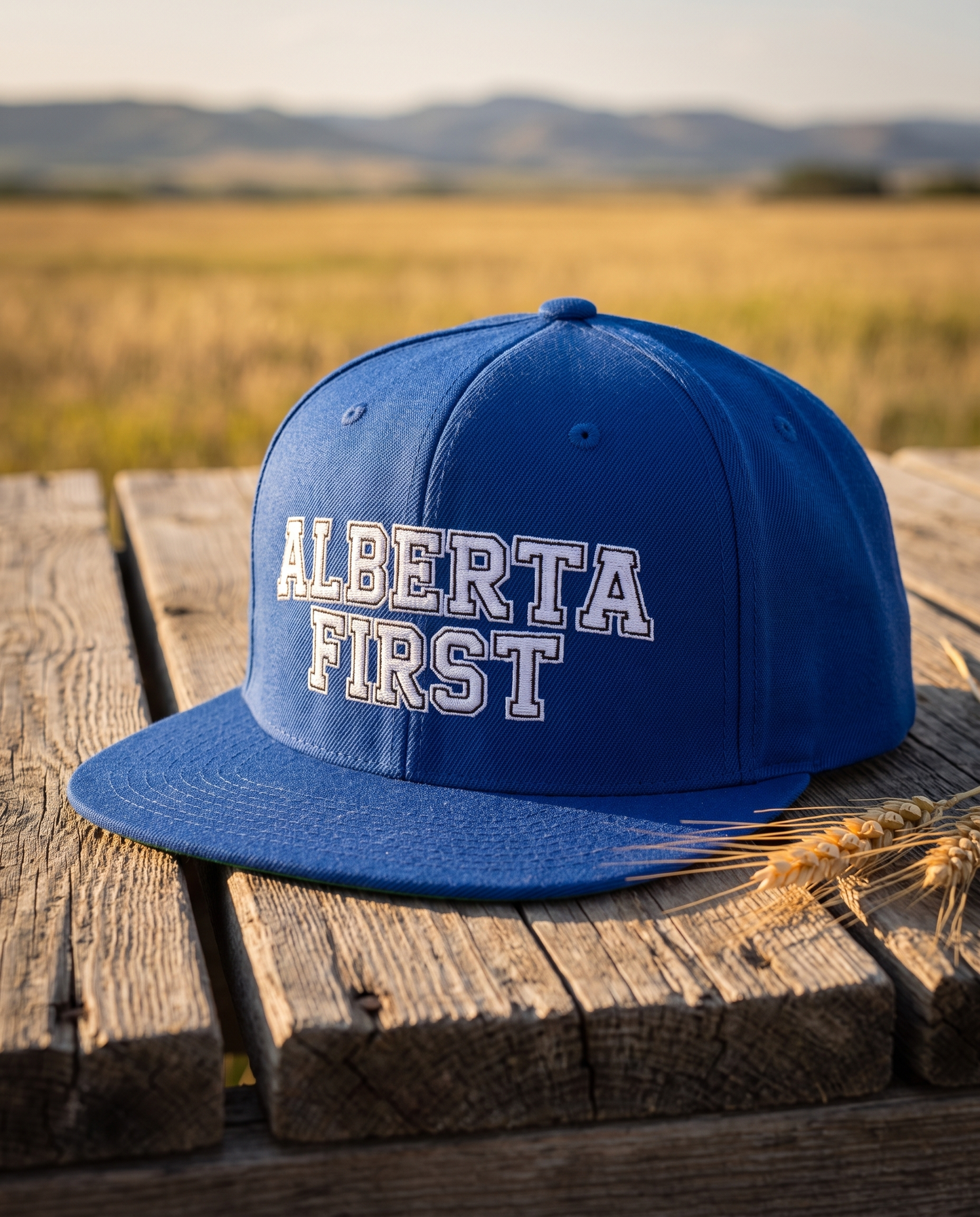 Alberta First embroidered snapback royal blue colorway on barn wood