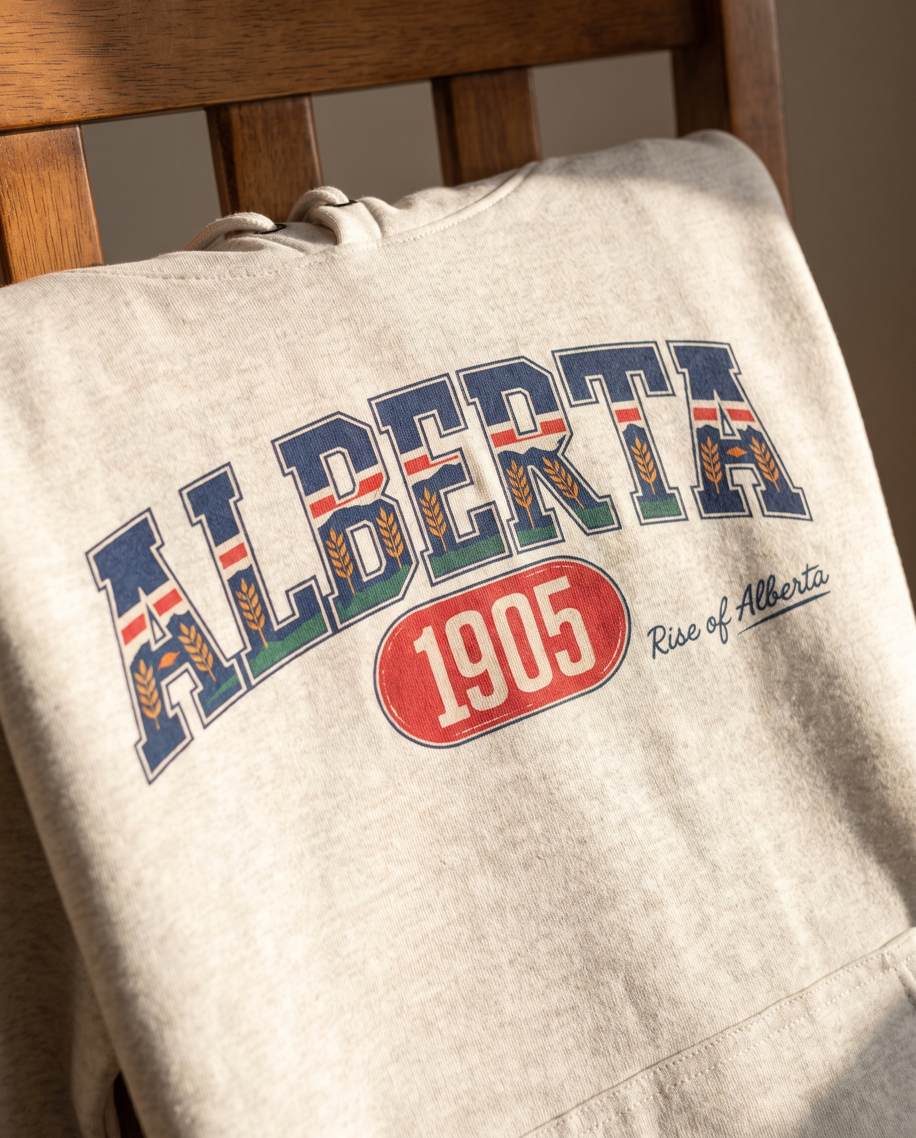 Alberta 1905 hoodie DTG print detail close-up on oatmeal heather