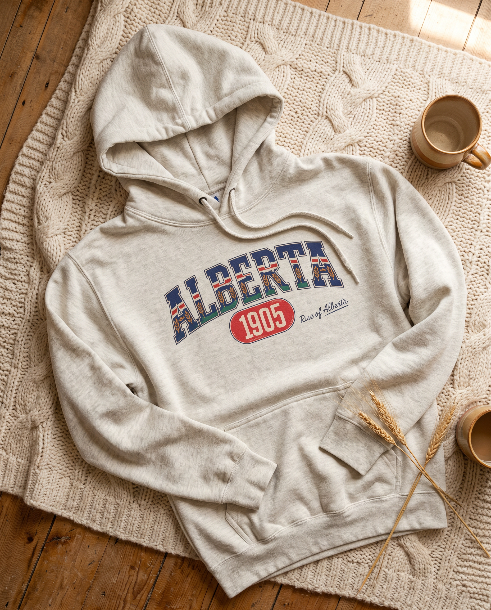 Alberta 1905 fleece hoodie oatmeal heather flat lay on knit blanket