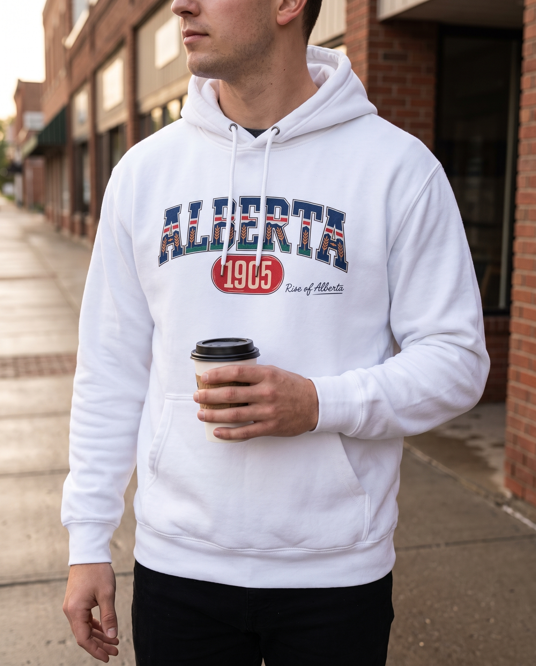 Man wearing white Alberta 1905 hoodie with coffee on small town main street