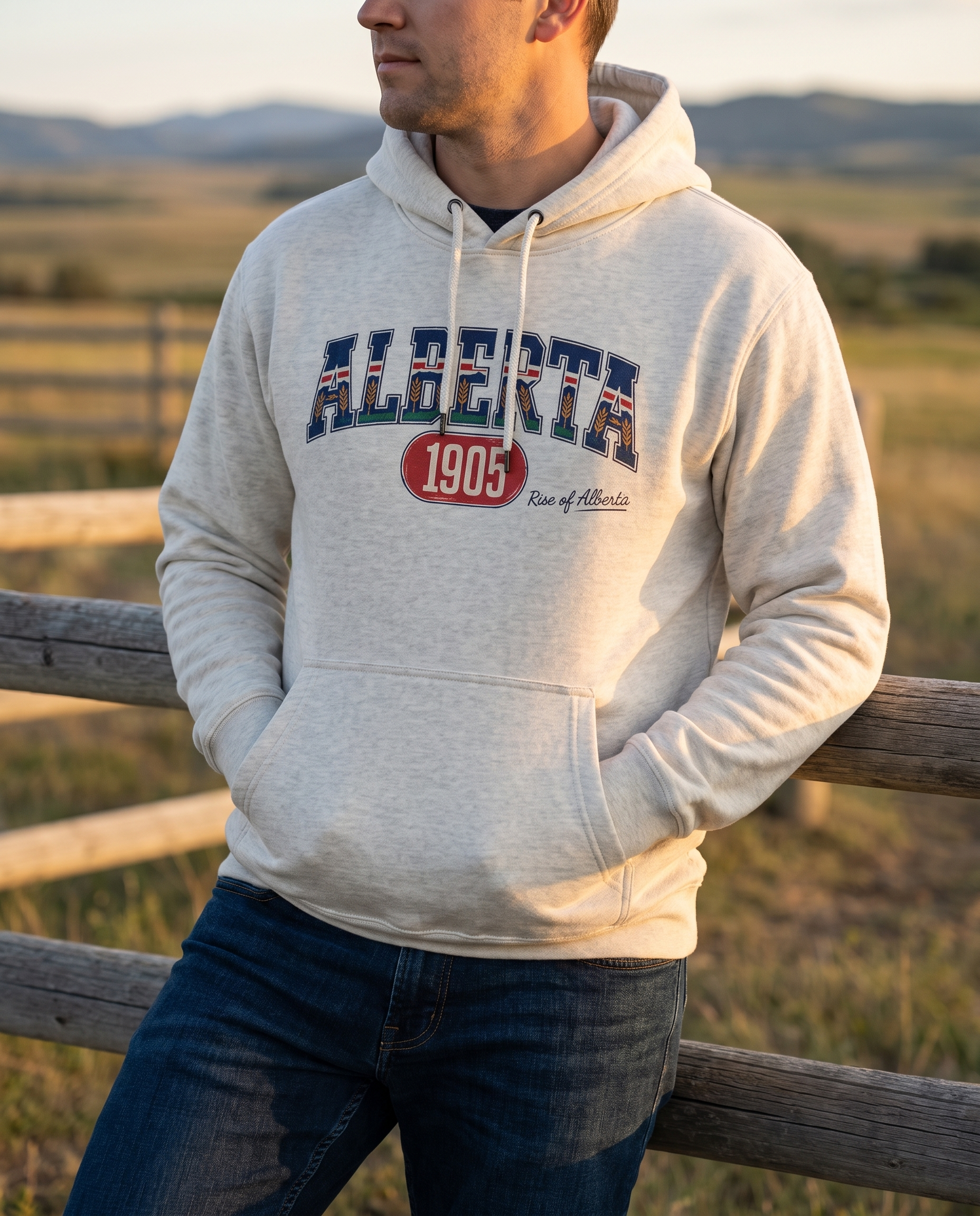 Man wearing oatmeal heather Alberta 1905 hoodie at ranch fence golden hour