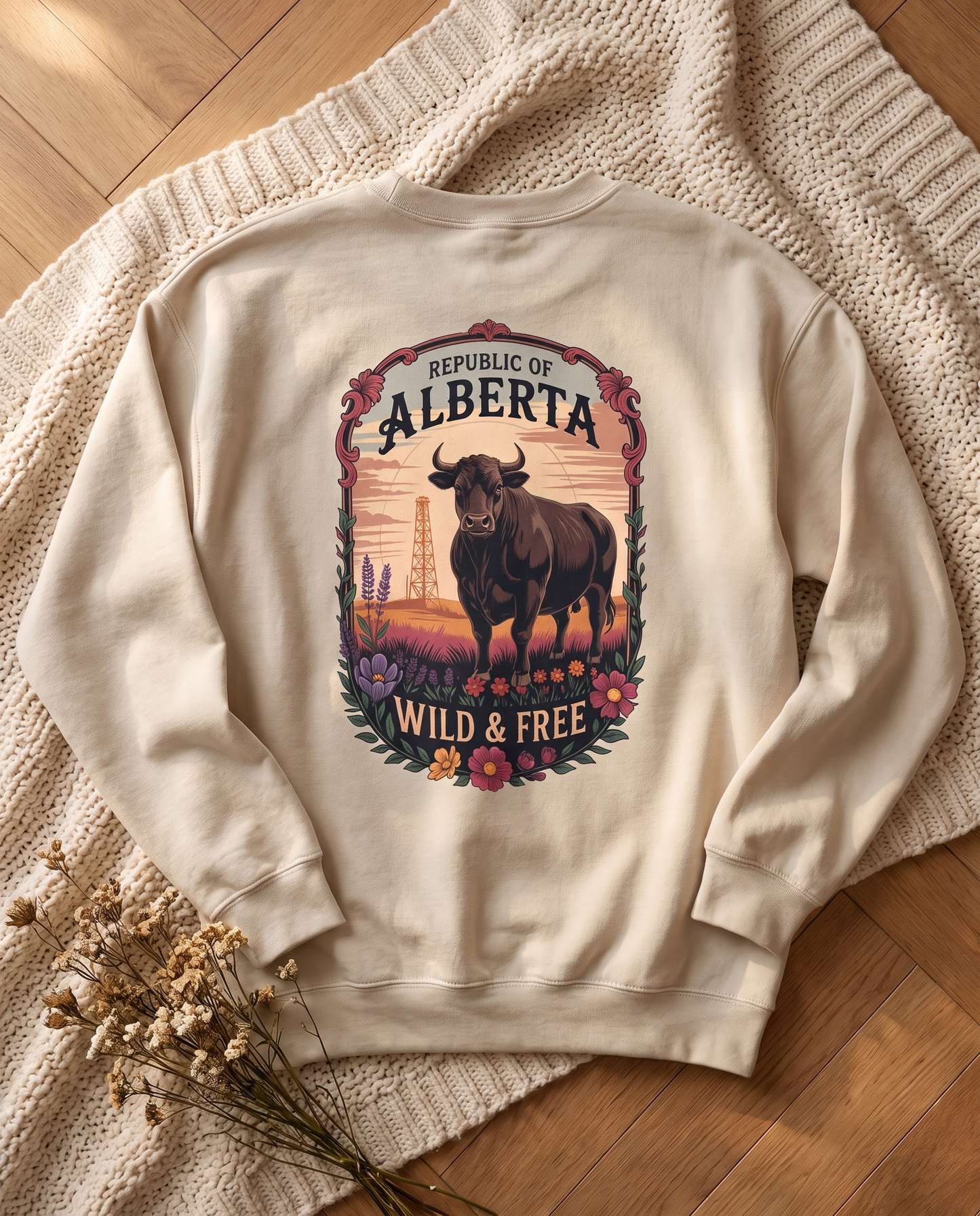 Alberta Wild and Free crewneck sand back print with Republic of Alberta longhorn badge