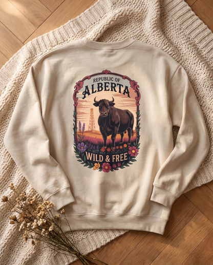 Alberta Wild and Free crewneck sand back print with Republic of Alberta longhorn badge