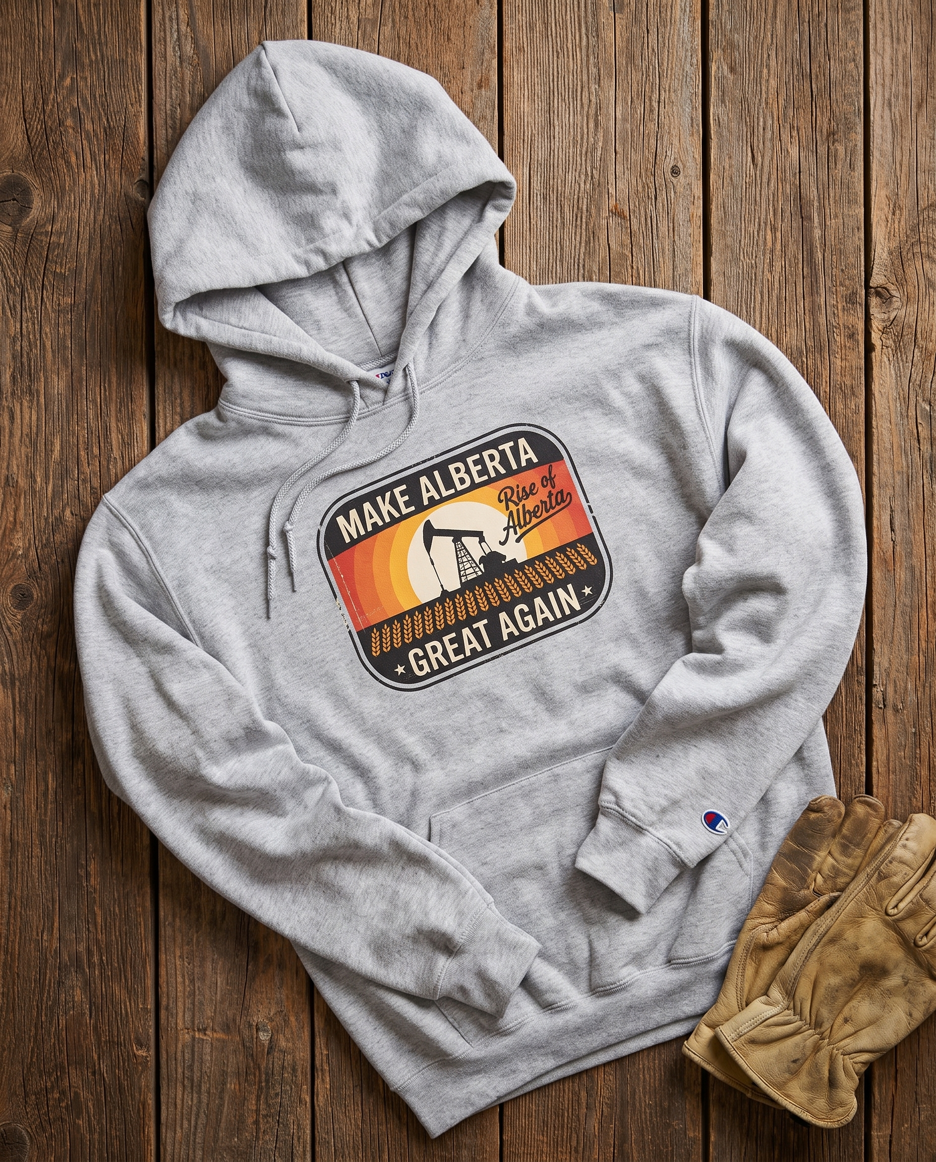 Make Alberta Great Again retro pumpjack hoodie light steel flat lay on barn wood