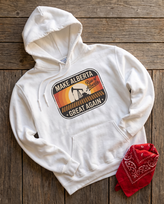 Make Alberta Great Again retro pumpjack hoodie white flat lay on barn wood