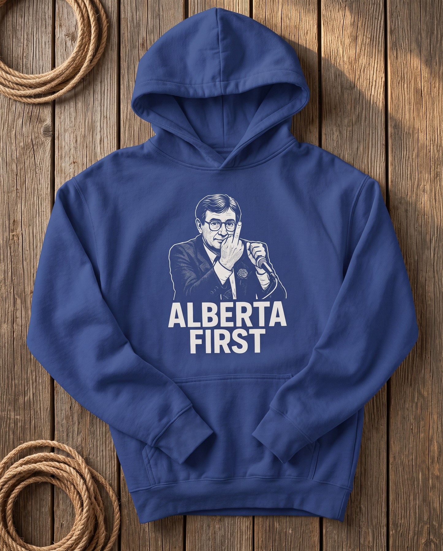 Alberta First The Gesture cobalt oversized hoodie flat lay on barn wood