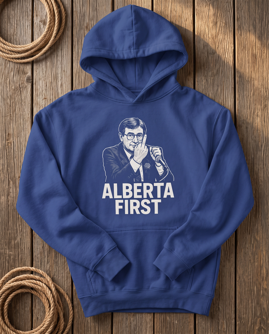 Alberta First The Gesture cobalt oversized hoodie flat lay on barn wood