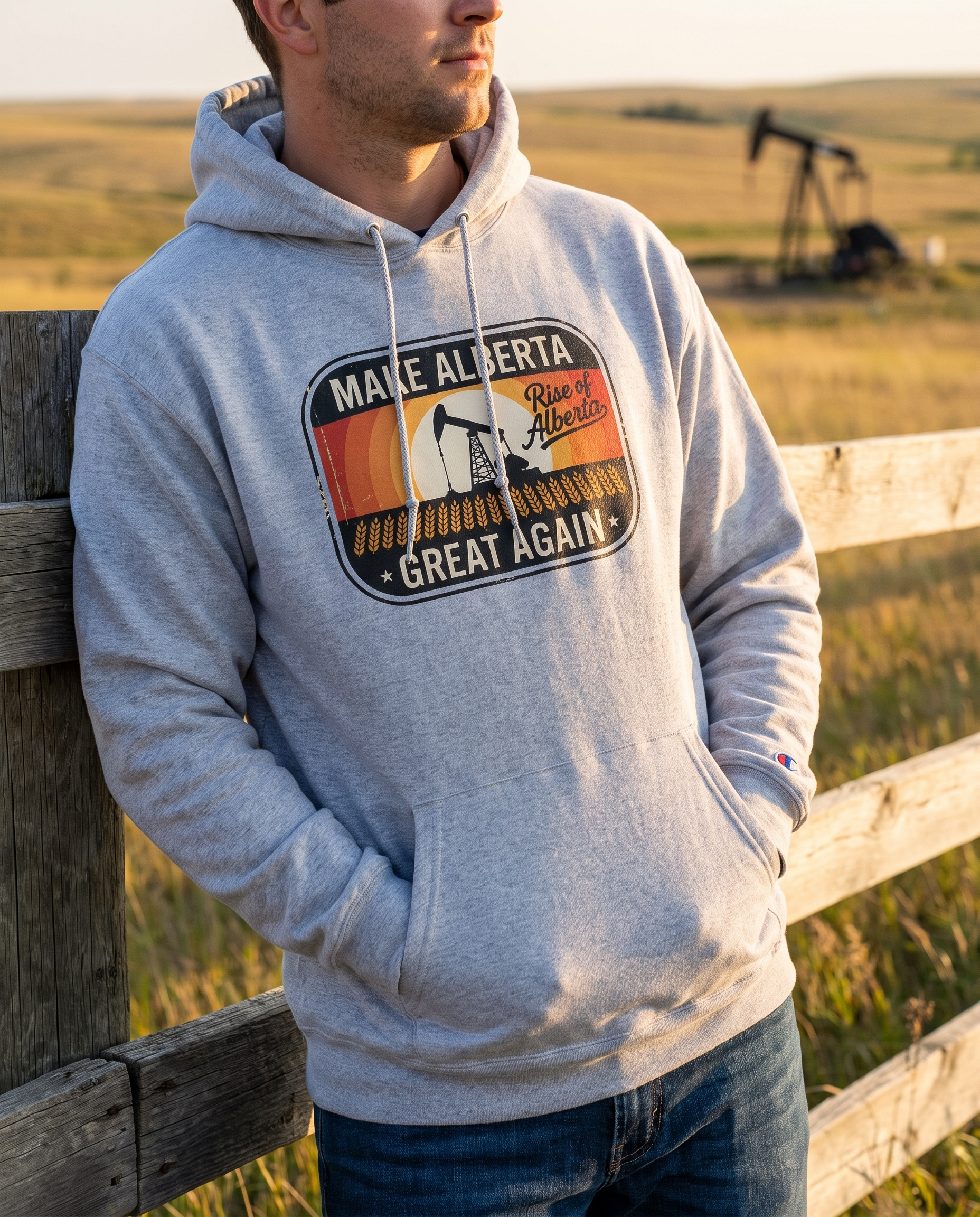 Man wearing light steel Make Alberta Great Again hoodie at ranch fence golden hour