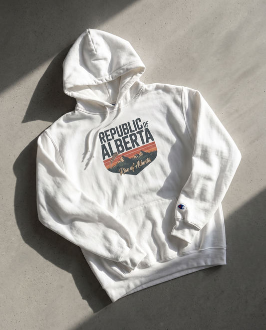 Republic of Alberta Shield Champion hoodie white flat lay on concrete