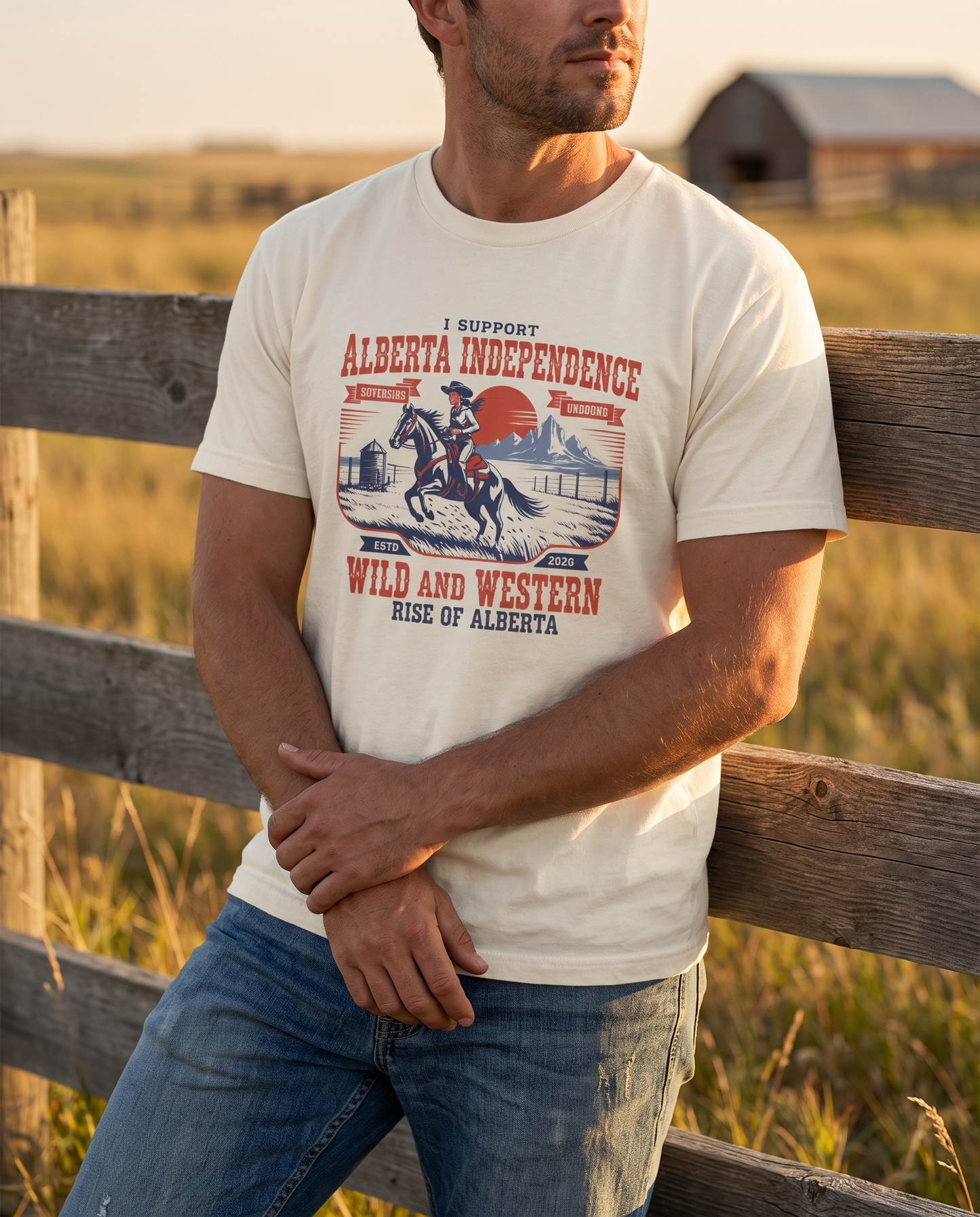 Man wearing ivory Alberta Independence western tee at corral fence golden hour