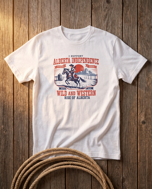 Alberta Independence western rodeo tee white flat lay on barn wood