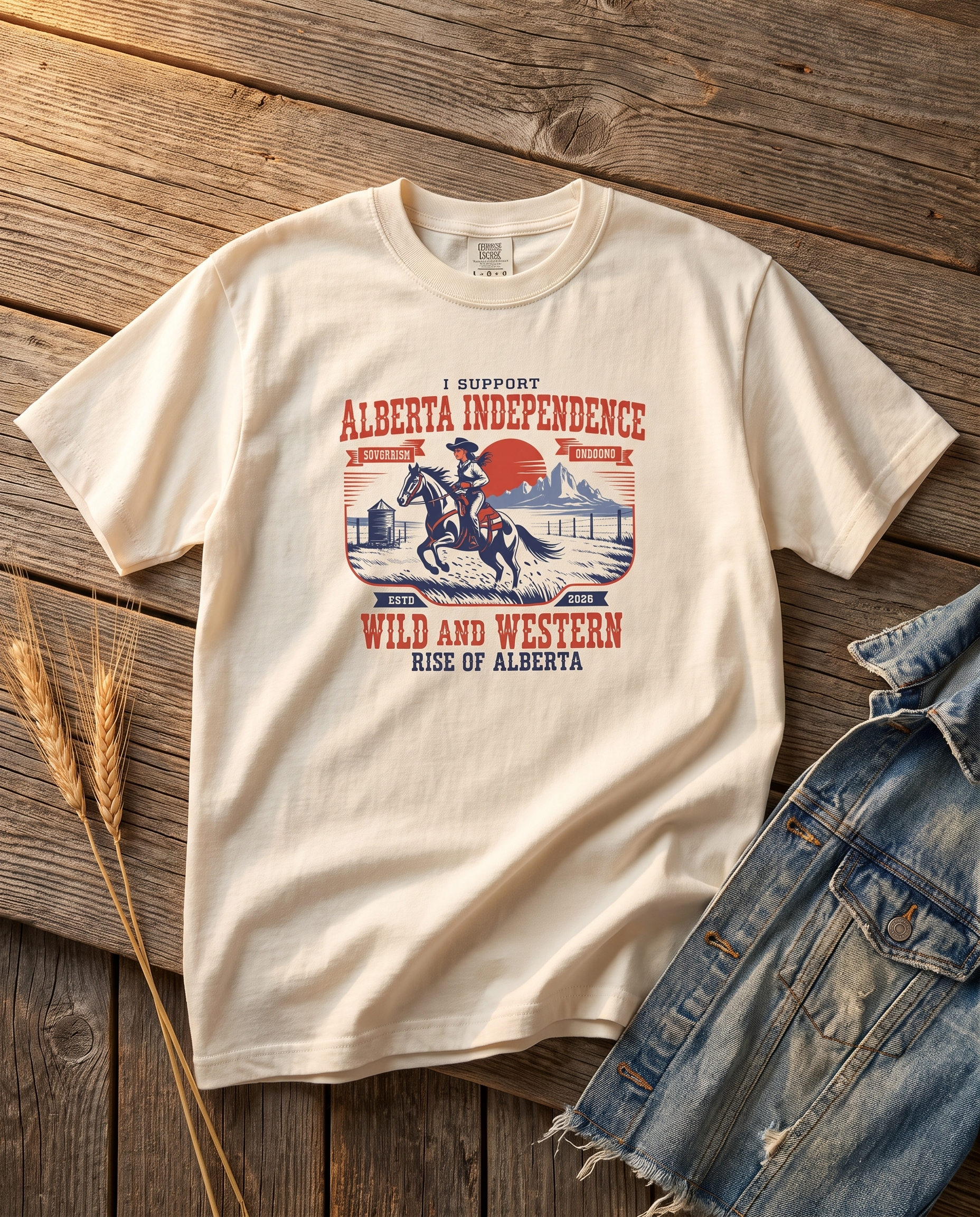 Alberta Independence western rodeo tee ivory flat lay on barn wood