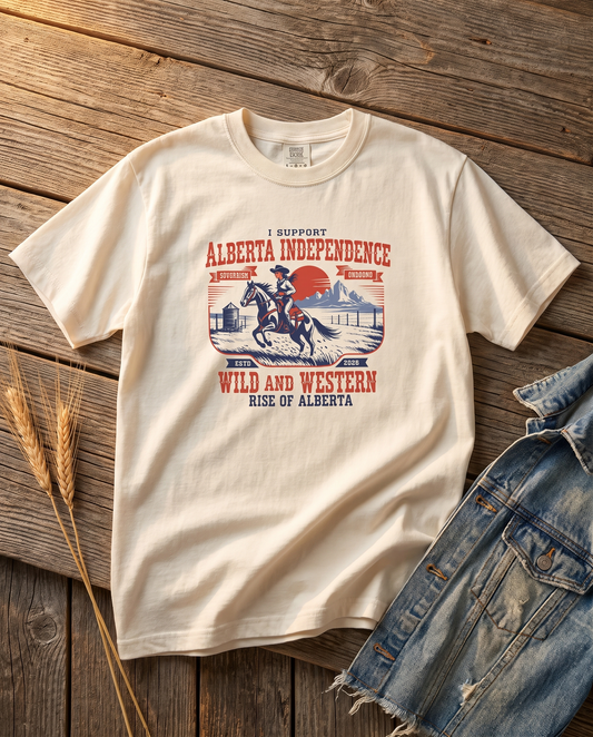 Alberta Independence western rodeo tee ivory flat lay on barn wood