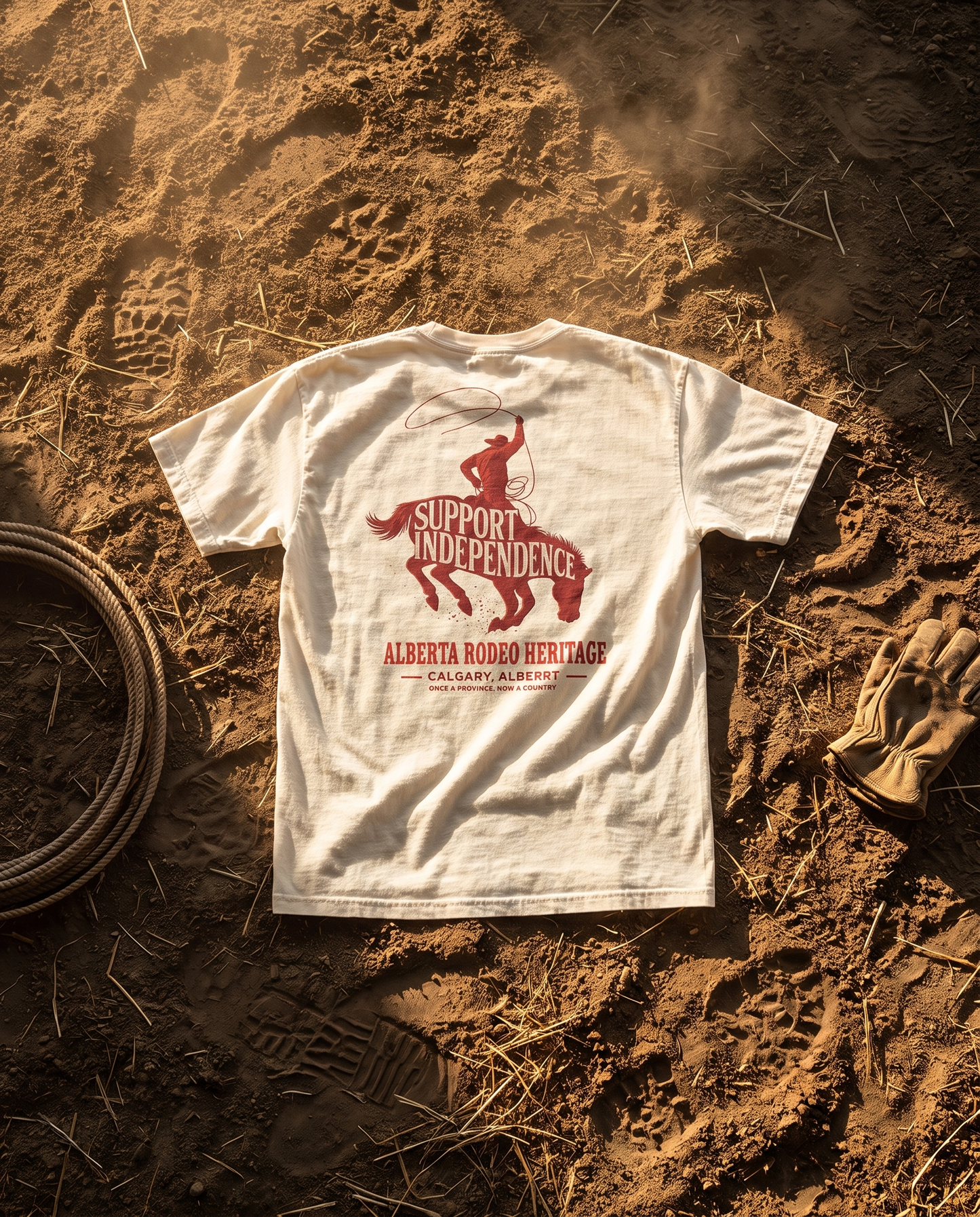 Stampede Rider Free Alberta tee ivory back print on rodeo arena dirt