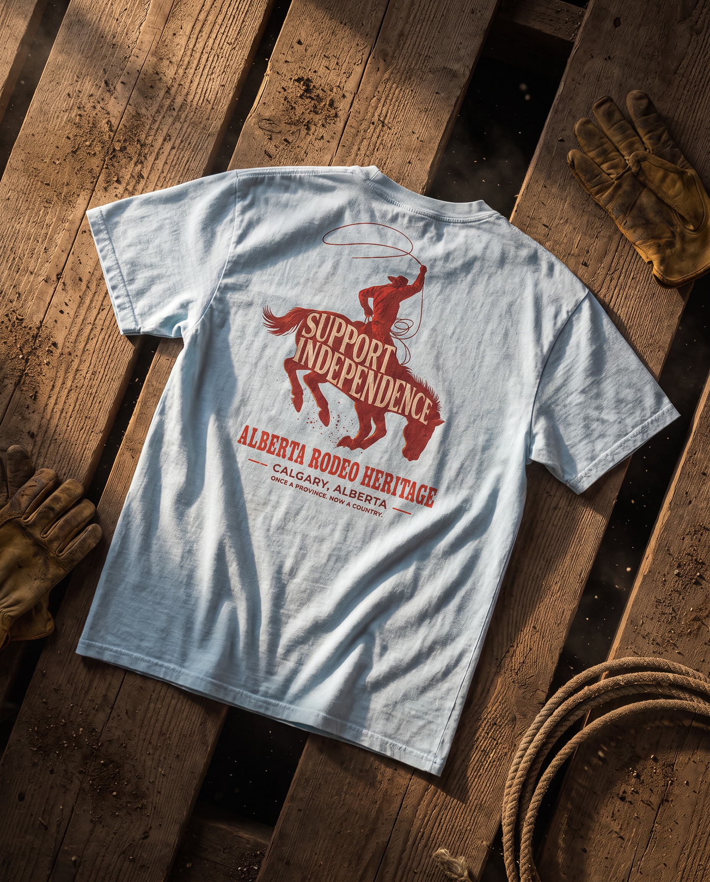 Stampede Rider Free Alberta tee chambray back print on weathered stockyard planks